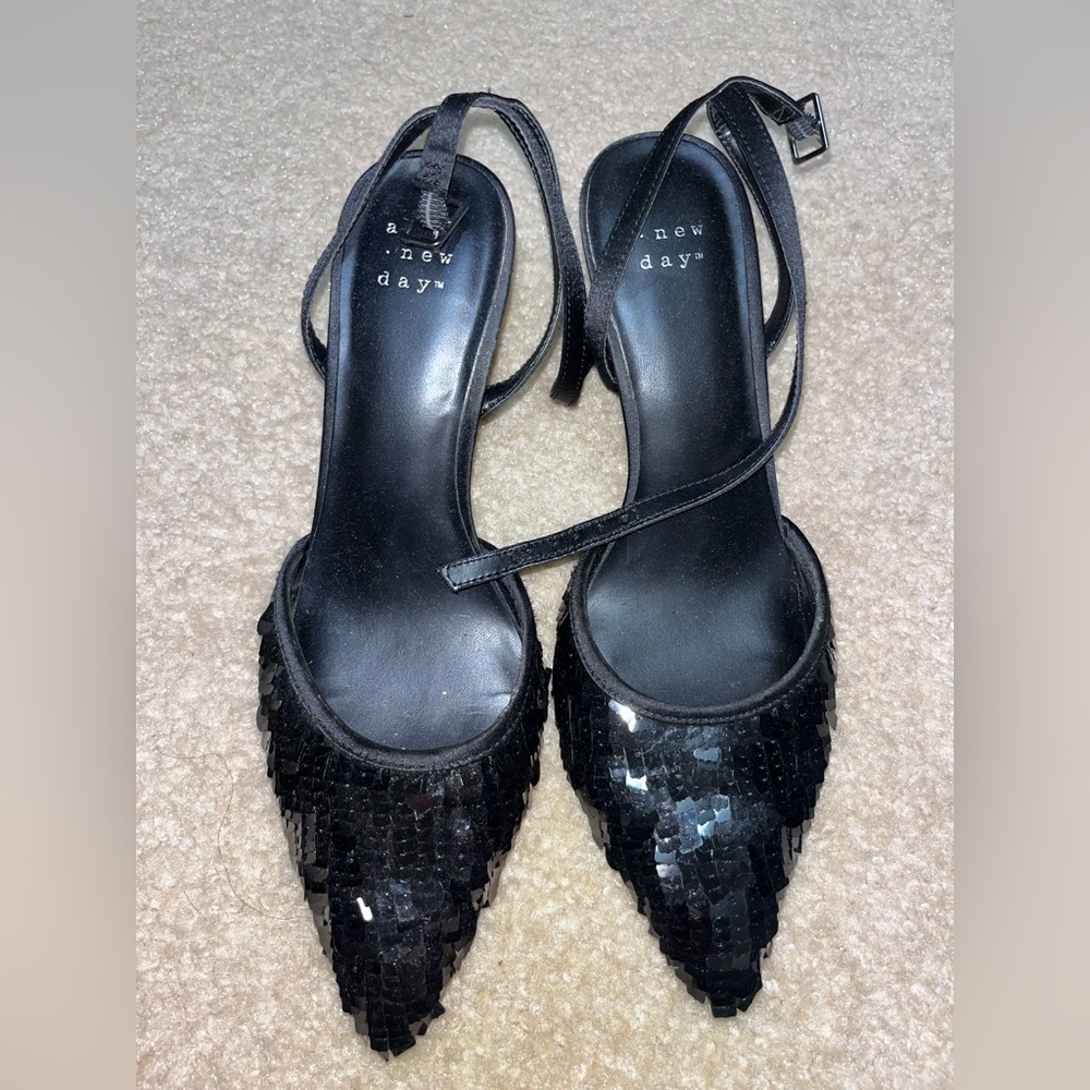 a new day Black Sequin Pointed Slingback Heels